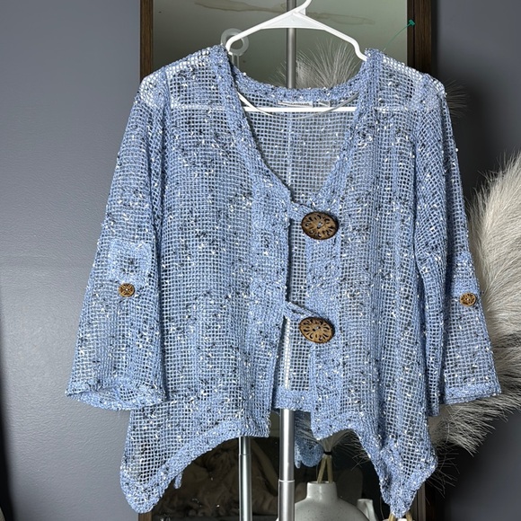 Nina Leonard Tops - Nina Leonard Blue Asymmetrical 3/4 Sleeve Blouse